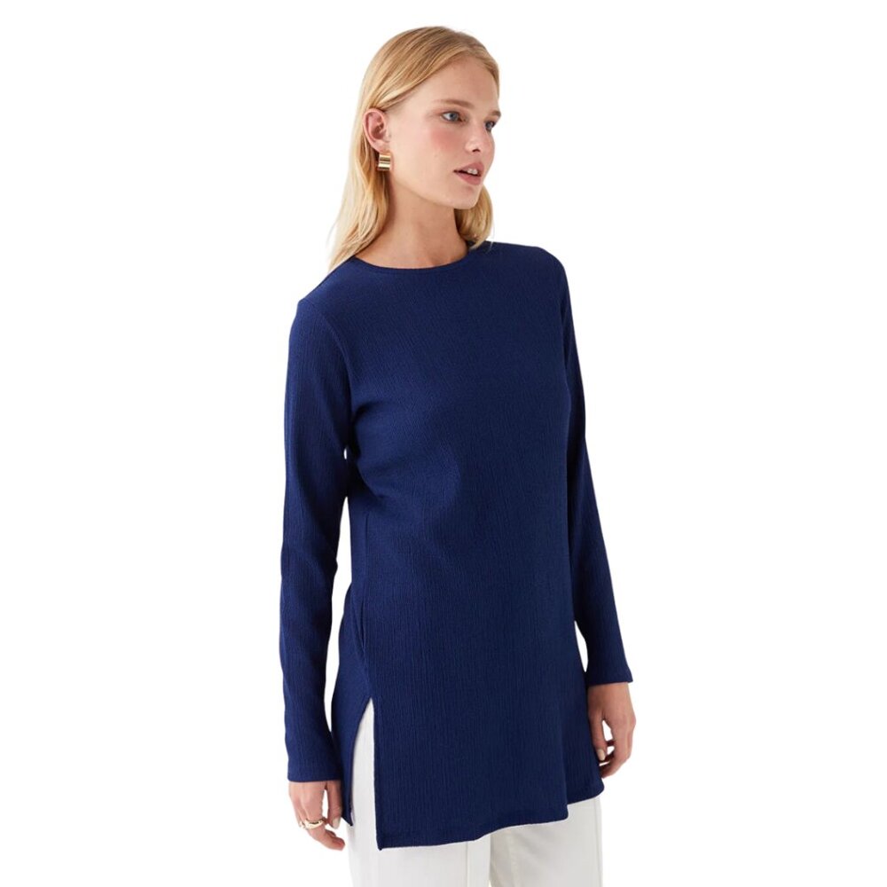 Eileen Fisher Petite Long Sweater Tunic Navy Italian Yarn Rib Hem‎ – Size PL
